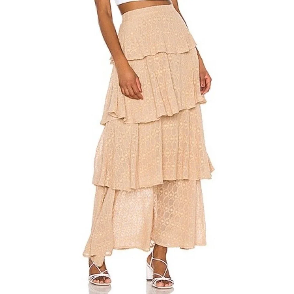 SUNDRESS Adria Skirt in Georgette Canyon Women’s Layered Tan Maxi XS Tiered
